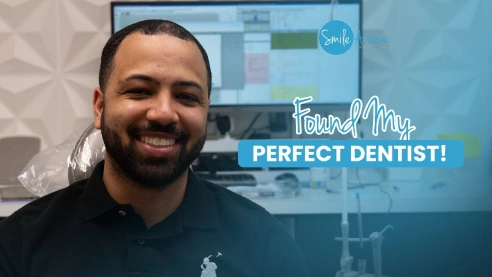 Smiling man inside a dental office, with text overlay 'Found My Perfect Dentist!' and a monitor displaying dental software in the background, highlighting emergency and same-day dental care services in Katy, TX.