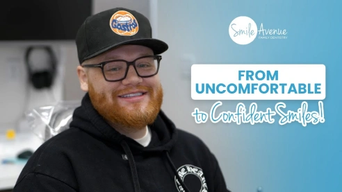 Smiling man sitting in a dental office with a cap featuring a logo, accompanied by text 'From Uncomfortable to Confident Smiles!' and 'Smile Avenue Family Dentistry' logo, promoting emergency dental services in Katy, TX.