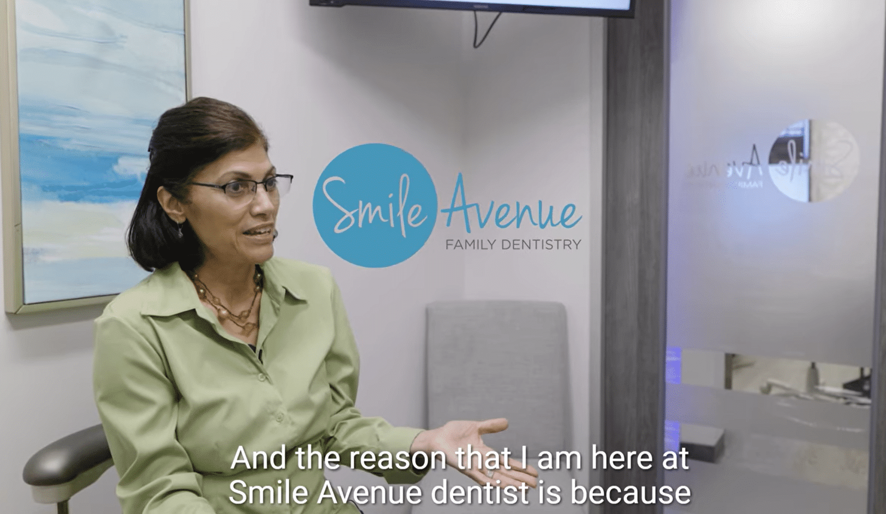 A patient at Smile Avenue Family Dentistry shares her experience in an office setting, emphasizing the dental practice's welcoming and modern environment.