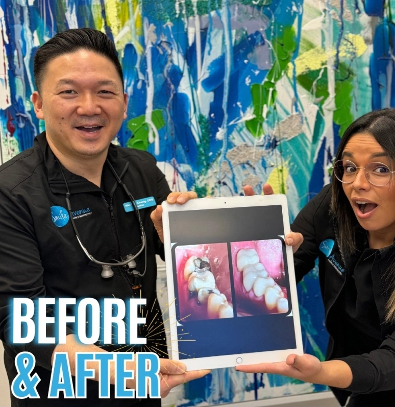 Two dental professionals from Smile Avenue Cypress TX display a before and after image of dental work on a tablet. The background features vibrant abstract artwork. Text on the image reads 'BEFORE & AFTER.'