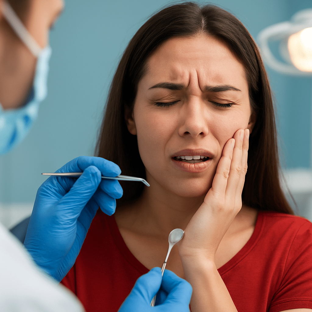 Woman touching her cheek appearing to experience dental pain