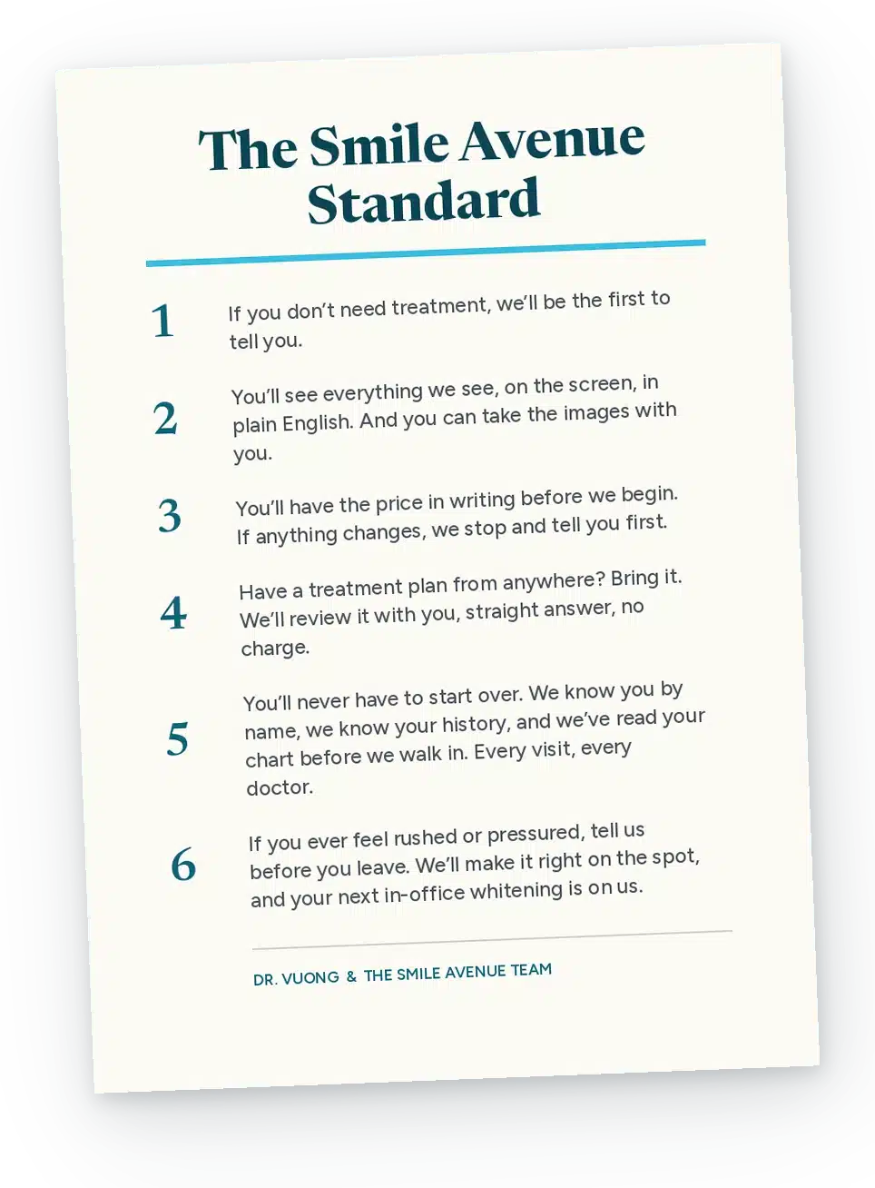 The Smile Avenue Standard card: a title and the six numbered promises.