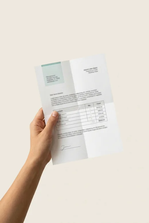 A hand holding up a folded, printed dental treatment plan.